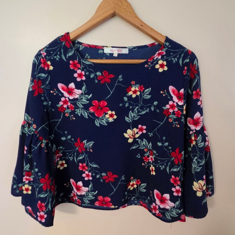 Stella Tweed Navy Floral Bell Sleeve Blouse Top Size M Cottagecore Boho